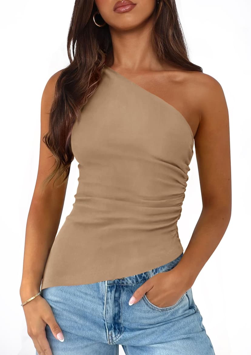 PRETTYGARDEN Womens 2026 Summer Y2K Tops Sleeveless One Shoulder Slim Fit Shirts Ruched Knit Asymmetrical Top Blouse