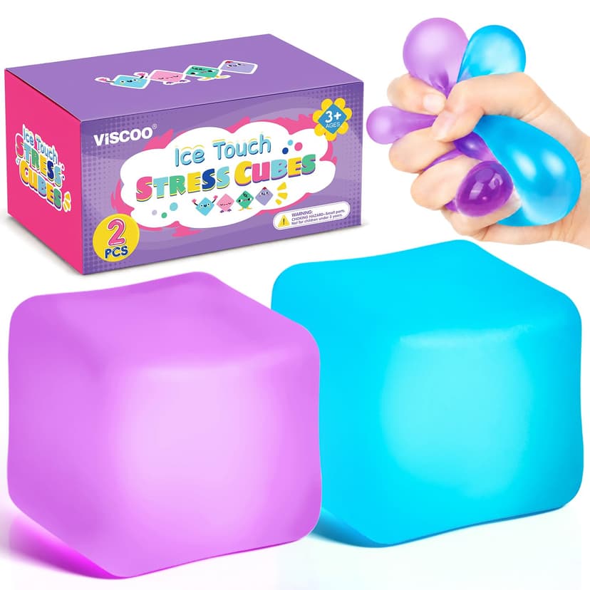 VISCOO 2 Pack Stress Cube, Slow Rising Ice Cube Squishy for Anxiety Relief | Stress Balls for Adults Kids, Sensory Fidget Toy, Square Shape Squishy Balls for Classroom Prizes Party Favors (Purple&Blue