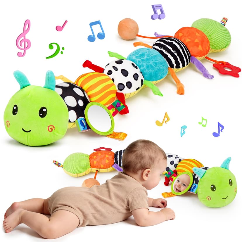 Topsochir Baby Sensory Toys 0-6 Months Music Animal Stuffed Plush Caterpillar Toy for Infant 0-3-6-12 Month Old Tummy Time with Mirror Crinkle Rattle Toys for Newborn Boys Girls Shower Birthday Gifts