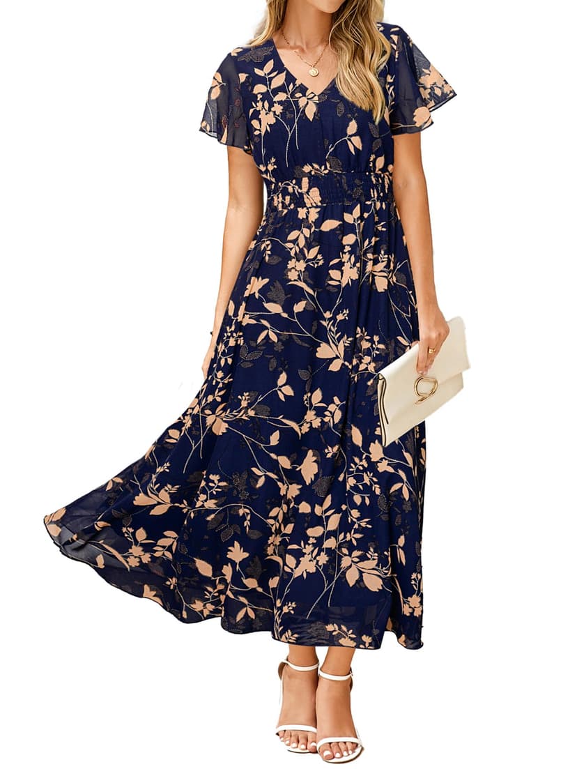Simplee Womens Floral Maxi Dress - Short Sleeve Summer Boho Wedding Guest Dress Empire Waist Chiffon Modest Midi Dresses