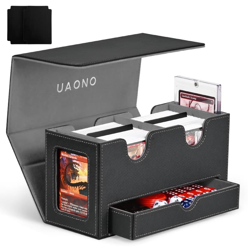 UAONO 3-in-1 MTG Commander Deck Box, Black Gray | 2 Magnetic Card Holders & 1 Dice Tray, Fits 200 Double Sleeved, Card Organizer Compatible with Magic the Gathering
