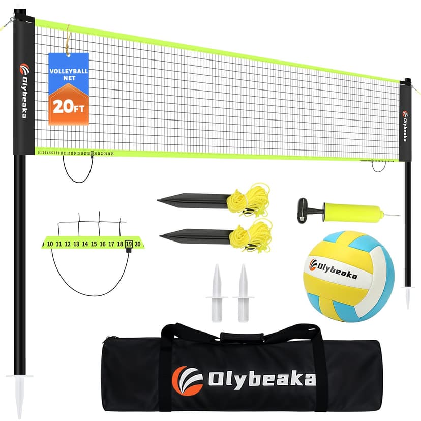Portable Outdoor Volleyball Net Set 20FT / 32FT, 4 Adjustable Heights | Complete Volleyball System with PE Net, PU Volleyball, Pump, Poles and Carry Bag for Backyard, Beach, Park and Family Games.
