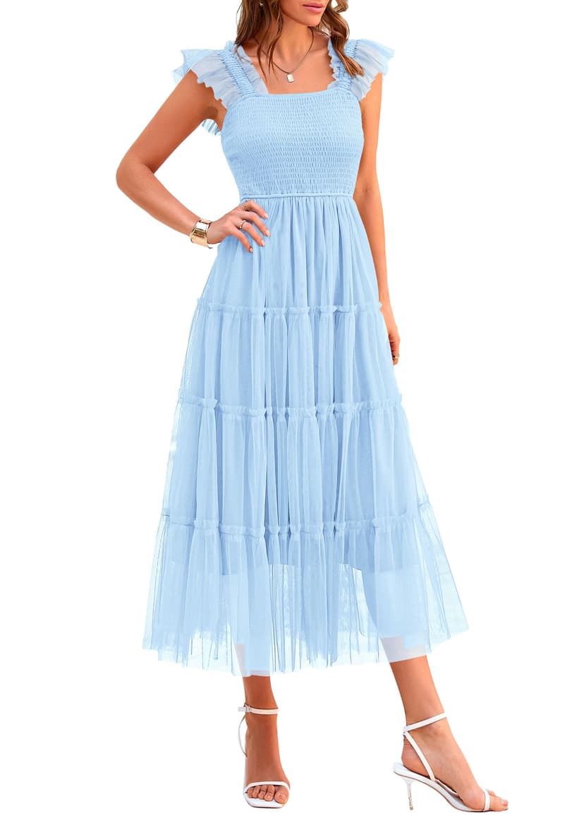 PRETTYGARDEN Women's Summer Tulle Midi Dress Sleeveless Smocked Ruffle Flowy Mesh Dresses Party Wedding Guest Sundress
