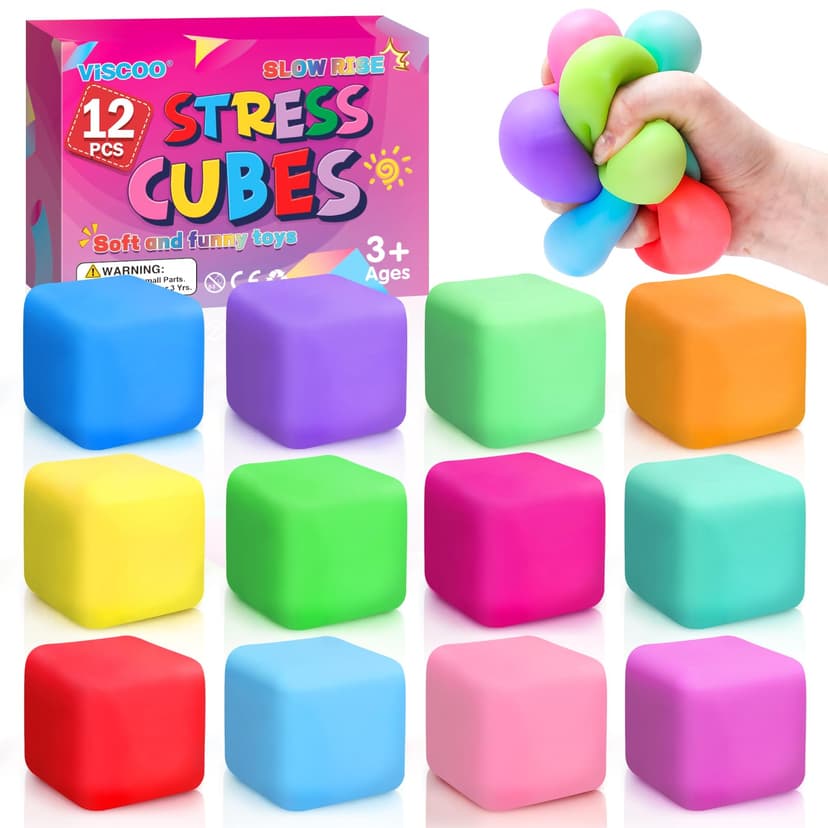 VISCOO 12 Pack Slow Rising Stress Cube, Stress Balls Fidget Squishy Toys | Squeeze Toy for Anxiety Relief, Pull Stretch Squishy Ball for Classroom Prize, Party Favors for Kids Adults