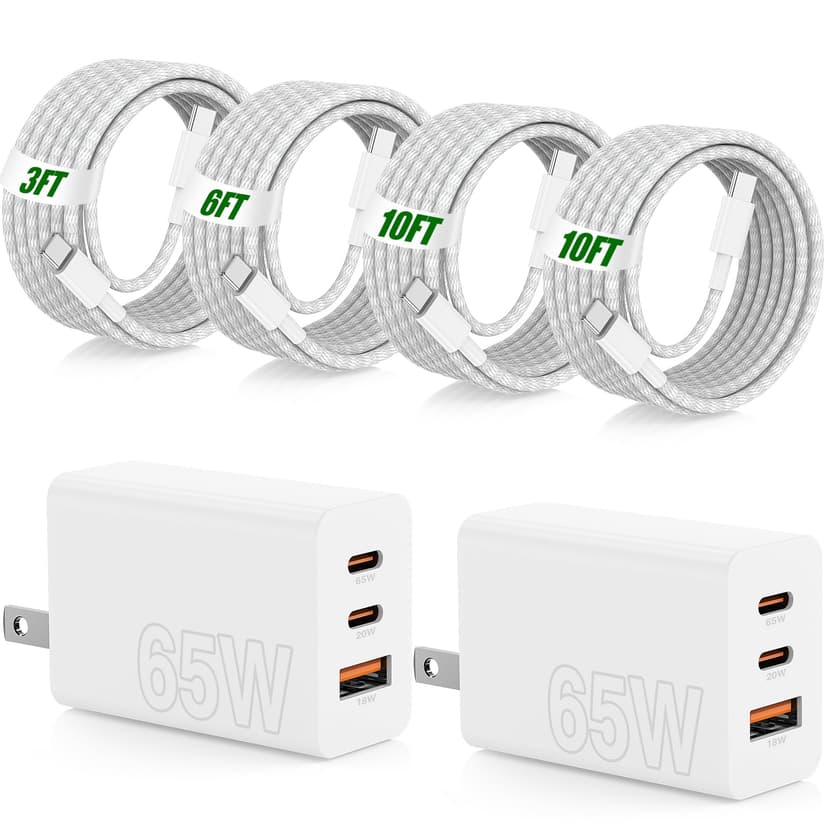 65W Super Fast Charger Type C for Samsung,3 Port 100W Quick Charging 3.0 USB C Block & 3/6/10/10FT Braided Type C Cord for Samsung Galaxy S26 Ultra/S26/S25 Ultra/iPhone 17 Pro/MacBook Pro/Air-White