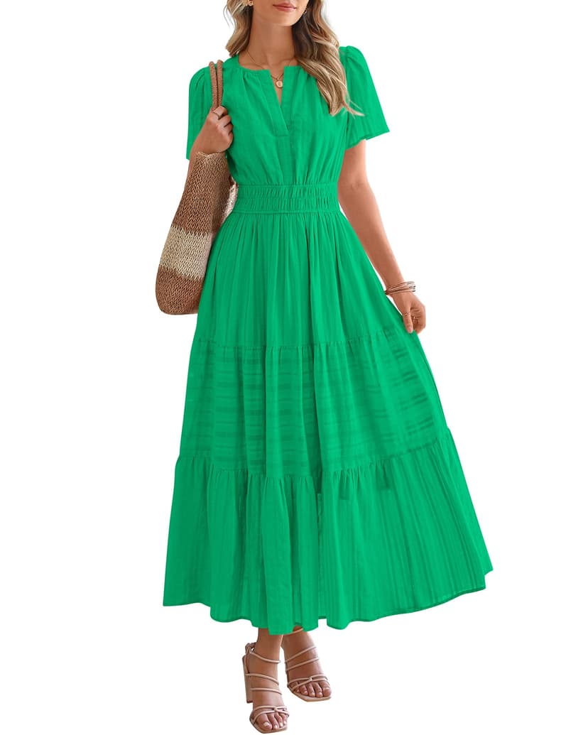 BTFBM Womens Summer 2026 Casual Maxi Dresses | Lightweight Short Sleeve V Neck,Elastic Waist A Line Long Dress,Boho Beach Dress Pockets,Vacation Outfits,Fashion Clothing