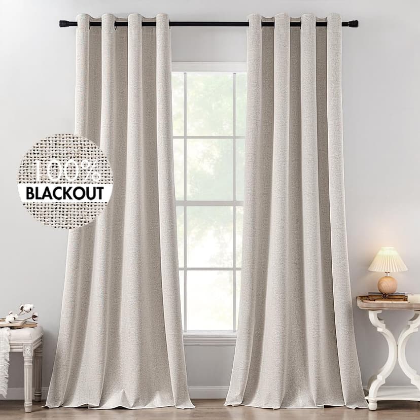 MIULEE 100% Blackout Linen Curtains for Bedroom 52x132 Inches Ivory | Room Darkening, Light Blocking, Thermal Insulated, Grommet Top, Linen Textured, Window Curtains for Living Room, 2 Panels