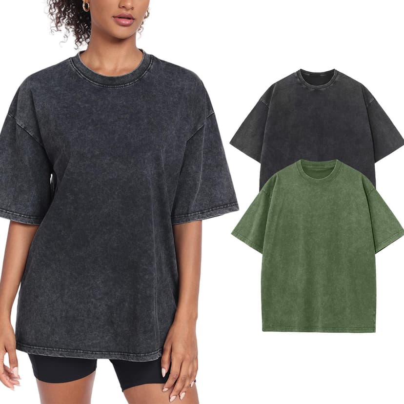 SnowElve Womens Washed Vintage Oversized T-Shirt Baggy Workout Tops Short Sleeve Cotton Tshirts Streetwear Boyfriend Tee