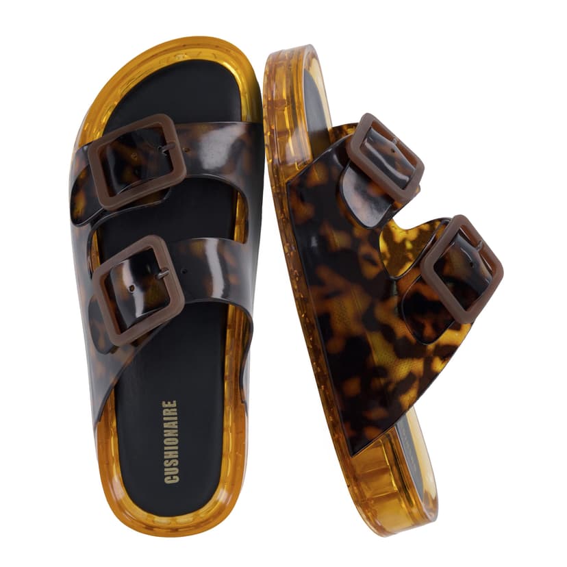 CUSHIONAIRE Pool Slides for Women Water Resistant Double Buckle Adjustable Slip-On Womens Sandals for Beach Shower Casual Wear