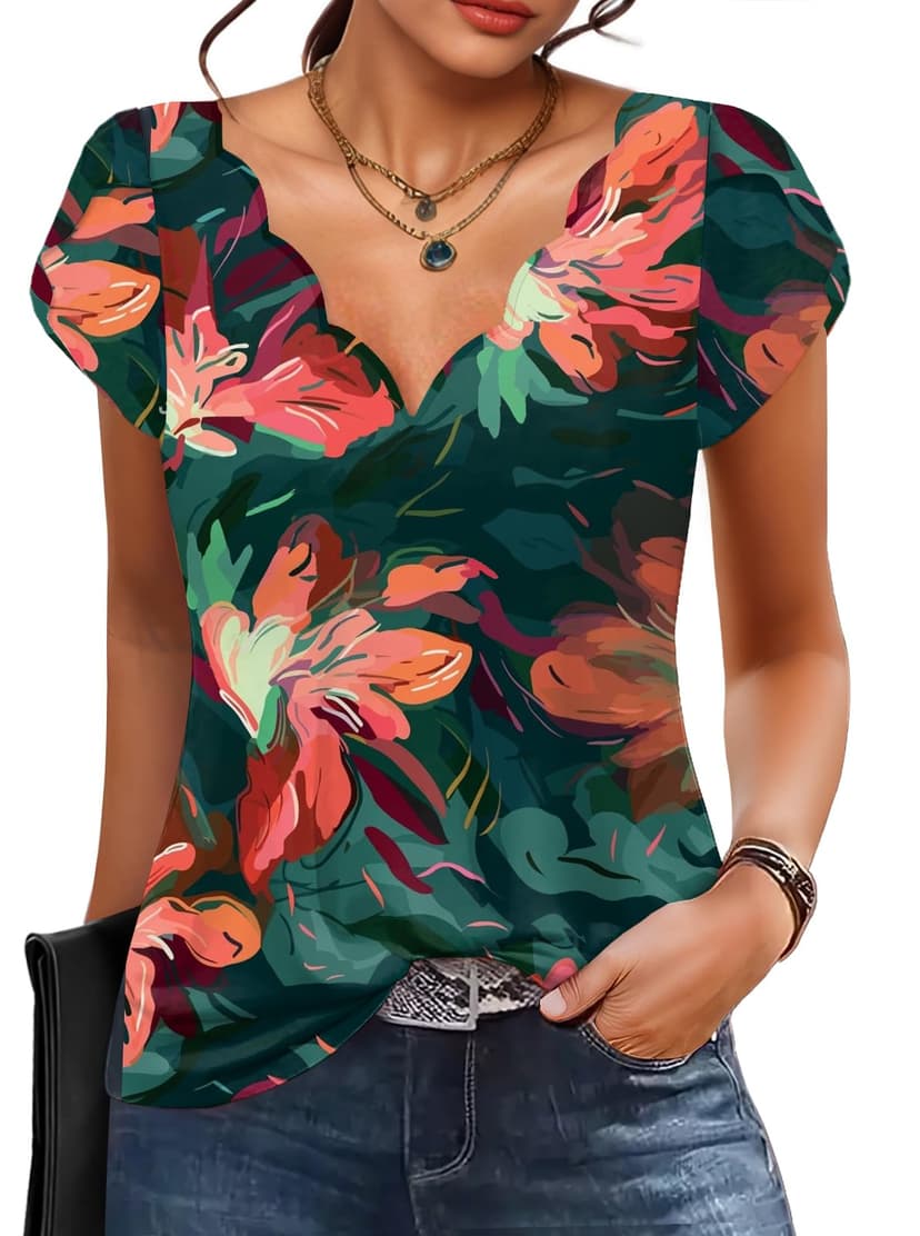 Womens Summer Tops Seashell Edge V Neck Shirts Dressy Casual Tunic Blouses | Cute Top, Short Sleeve Tee, Ladies Blouse, Soft & Comfy, Business Casual, Beach Vacation, Basic Wear, Teacher Outfits