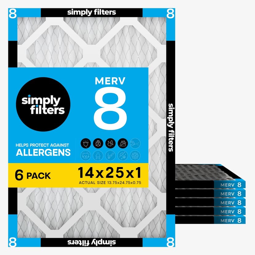 Simply 14x25x1 Air Filter, Merv 8, MPR 600, 6 Pack, Furnace Air Filter for HVAC (Actual Size: 13.75"x24.75"x0.75") DUST, Pet, & Allergy Control