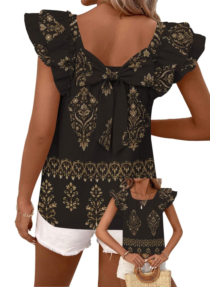 Falechay Womens Bow Tie Back Tops Babydoll Vneck Ruffle Short Sleeve Shirts | Cute Chiffon Blouses, Loose Fit Outfits, Dressy Casual, Hide Tummy, Business Work, Vacation Party Tee, 2026 Trendy, Chic