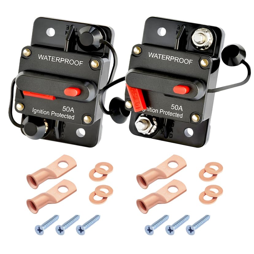 Bolipoeq 50Amp Circuit Breaker DC 12V-48V for Marine Boat Trolling Motor Automotive RV Trailer Car Solar System Battery Disconnect with Manual Reset Switch, IP67 Waterproof (Pack of 2)