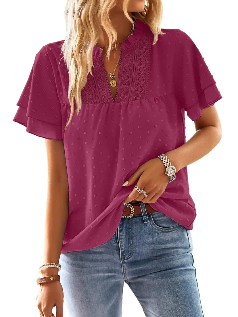Falechay Womens Tops Boho Flowy Shirts Dressy Casual Short Sleeve Blouses | V Neck Loose Fit Blouses, Business Work, Hide Tummy, Lace Ladies Summer Outfits, Swiss Dot, Babydoll Crochet Clothes XS-6XL