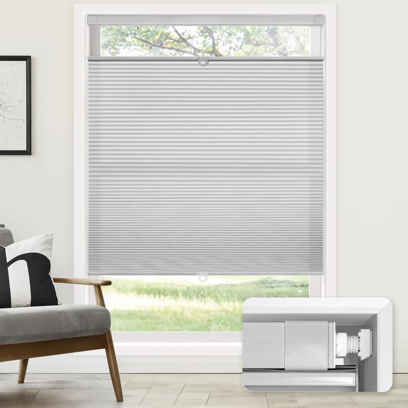 LazBlinds No Drill Cordless Cellular Shades, 34" W x 64" H, Grey | Top Down Bottom Up (TDBU) Honeycomb Shades for Home, Light Filtering Thermal Insulation Blinds for Windows