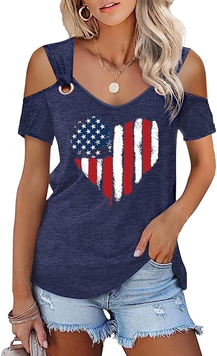 Womens 4th of July Shirt Funny Hollow Out Sweet O Ring Shoulder Short Sleeve Tee Summer Loose Fit Patriotic T-Shirt