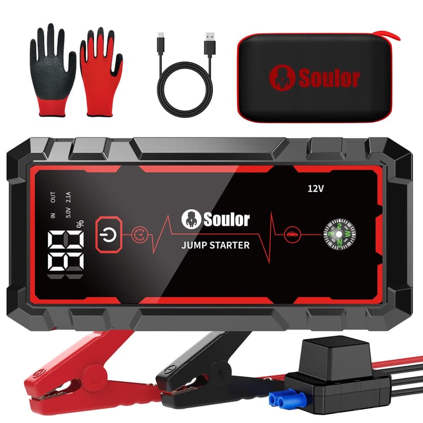 Jump Starter Battery Jumper Starter Portable Car Battery Jump Starter 5000A | Jump Box with 3 Modes Flashlight, Compass, Power Bank, Gloves and 12V Jumper Cable Up to 10.0L Gas and 10.0L Diesel