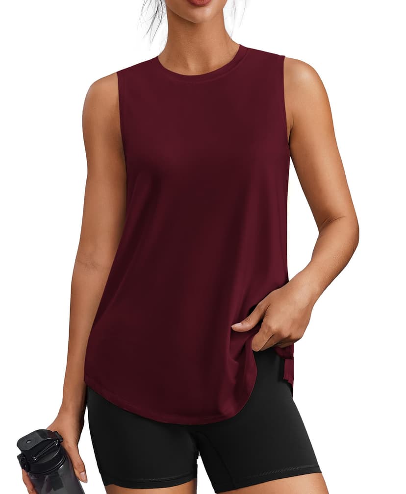 PINSPARK Workout Tank Tops for Women UPF 50+ Side Slits Athletic Gym Shirt | Crew Neck, Hip Length, Ultra-soft, Moisture Wicking, Loose Fit, Yoga, Hiking, Pilates, Sleeveless Shirts for Women