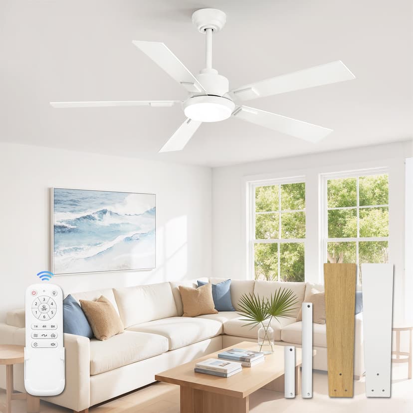 ZMISHIBO 52” Coastal Ceiling Fan with Light, Remote Control, White | High CFM Powerful Airflow, Quiet DC Motor, 3 CCT LED, Indoor/Covered Outdoor, Dual-Finish, Damp Rated