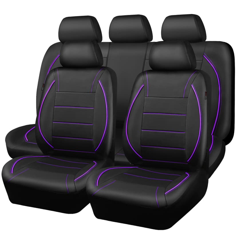 CAR PASS Piping PU Leather Car Seat Cover,Inside Zipper Design and Reserved Opening Holes Airbag Compatible,Universal FIT for Car, SUVs,Van,Trucks,Full Set, Black & Purple