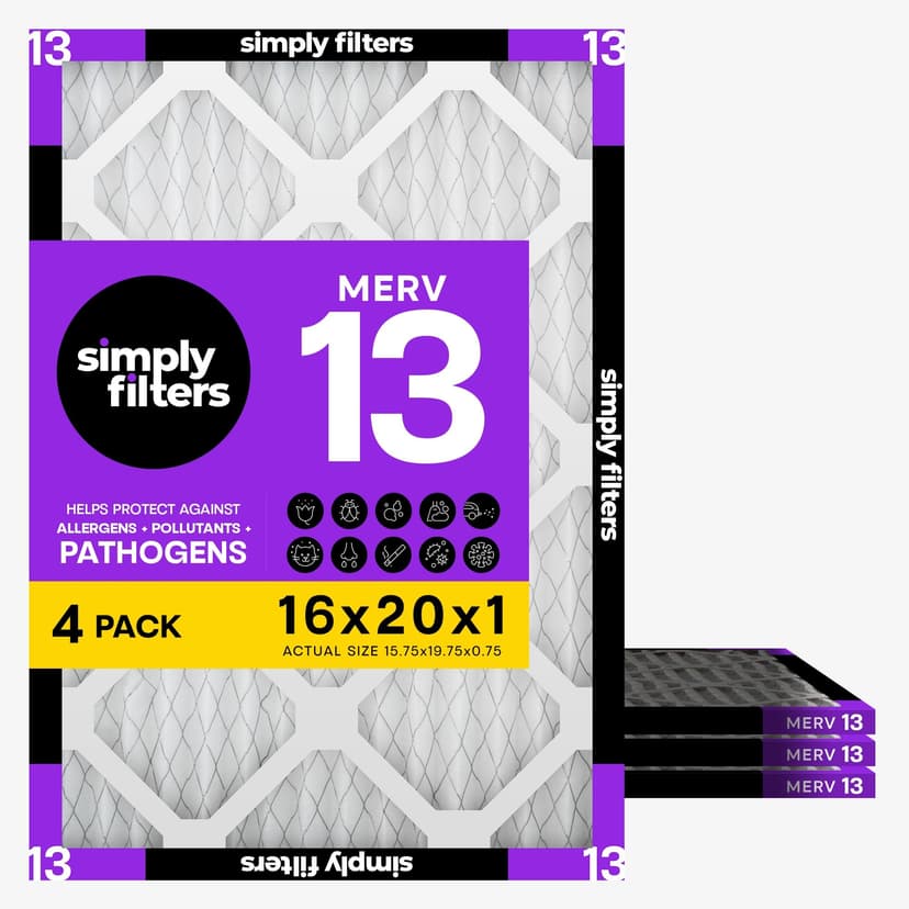 Simply 16x20x1 Air Filter, Merv 13, 4 Pack, For Home AC Furnace & HVAC (Actual Size: 15.75"x19.75"x0.75") DUST, Pet, & Allergy Control