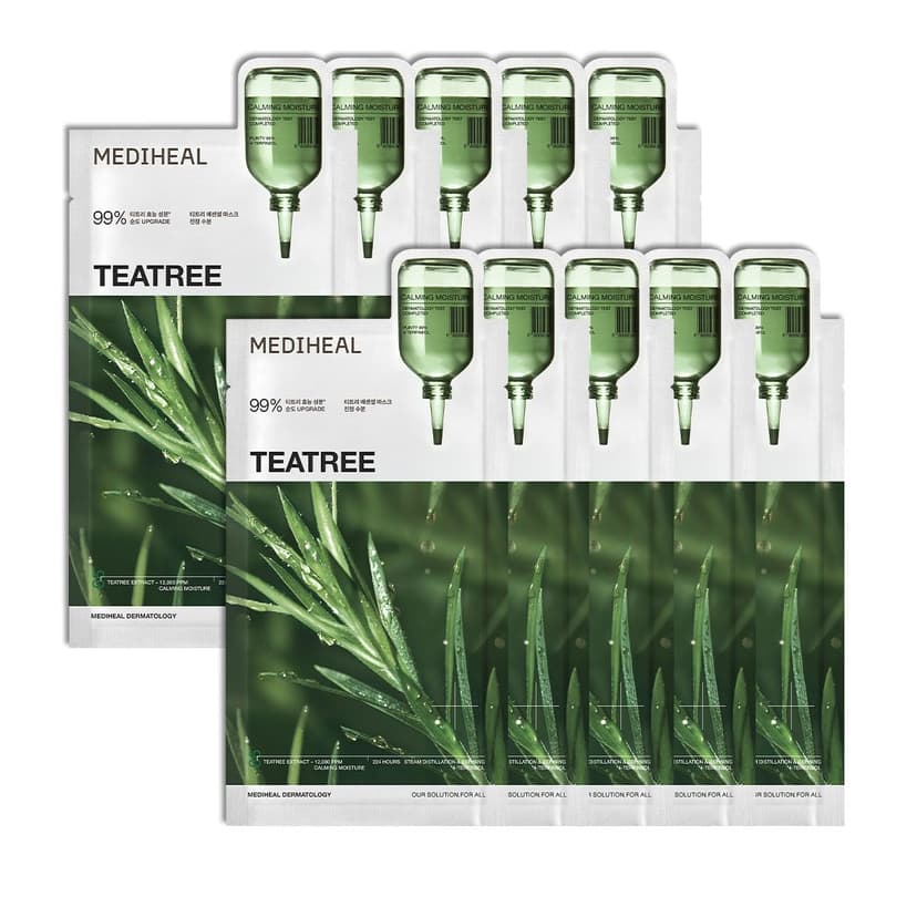 MEDIHEAL Tea Tree Essential Face Sheet Mask, Calming Moisture (10ea) | with Tea Tree Leaf Oil, Ceramide | Suitable for Sensitive Skin, Hydrating | Plastic-Free Vegan Sheet | Korean Skincare