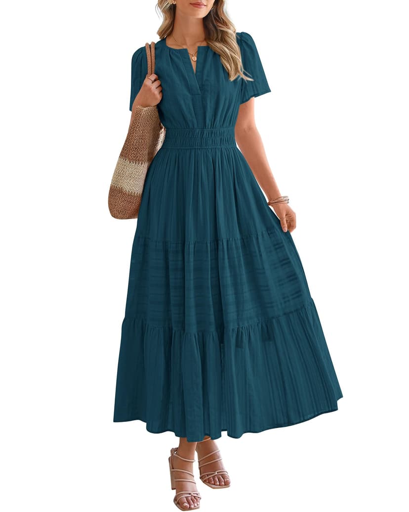 BTFBM Womens Summer 2026 Casual Midi Maxi Dresses Lightweight Short Sleeve V Neck Elastic Waist Boho Beach Dress Pockets