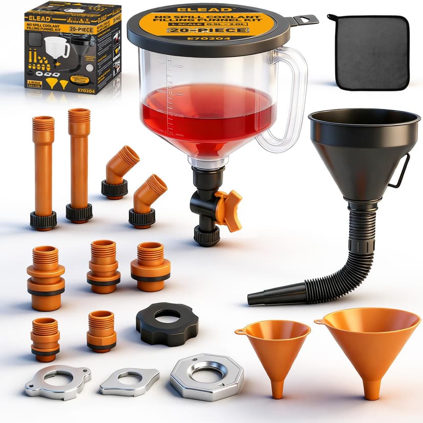 20-Piece No-Spill Coolant Funnel Kit, Cooling System Funnels Kits, Spill Proof Funnel Bleeder, Radiator Funnels Kit with Adapters, Extensions, Flexible Hose, Circular-Funnel, Towel for Automotive Use