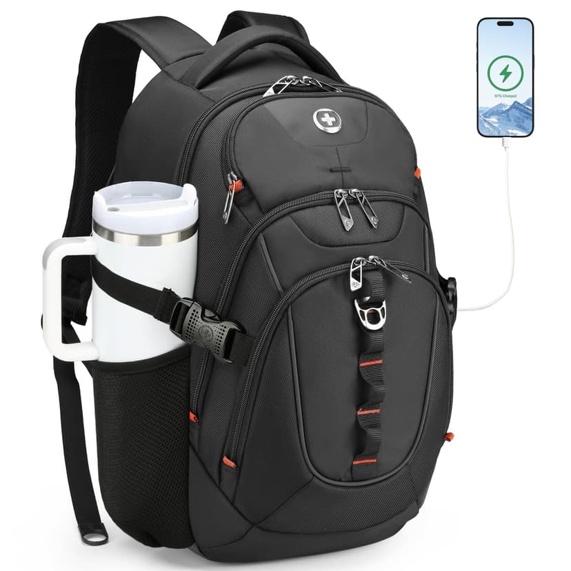 Swissdigital Design Laptop Backpack for Men with USB Charging Port SD803-01 | Travel Backpack,31L College School Bag with RFID Protection Pocket Fits 15.6-Inch Computer, Black