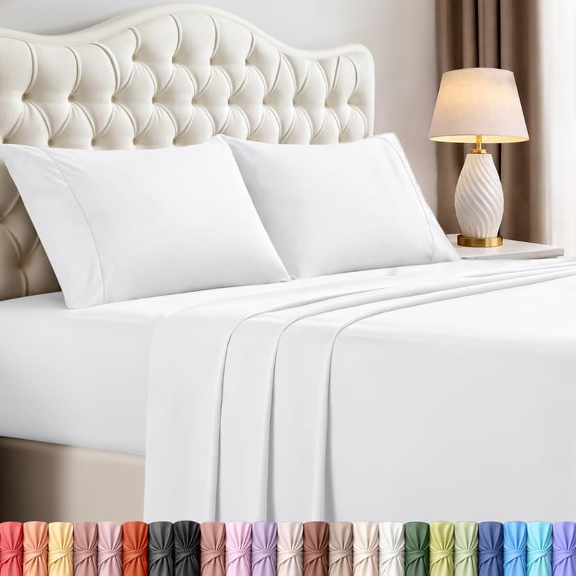 Queen Size Sheet Set – 4 Piece Bed Sheets, Soft and Breathable Microfiber, Includes 1 Fitted Sheet, 1 Flat Sheet and 2 Pillowcases – Oeko Tex (White)