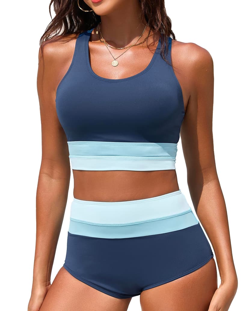 Dipinon Women's High Waisted Bikini Sets Two Piece Swimsuit Color Block Sporty Athletic Moderate Coverage Bathing Suits