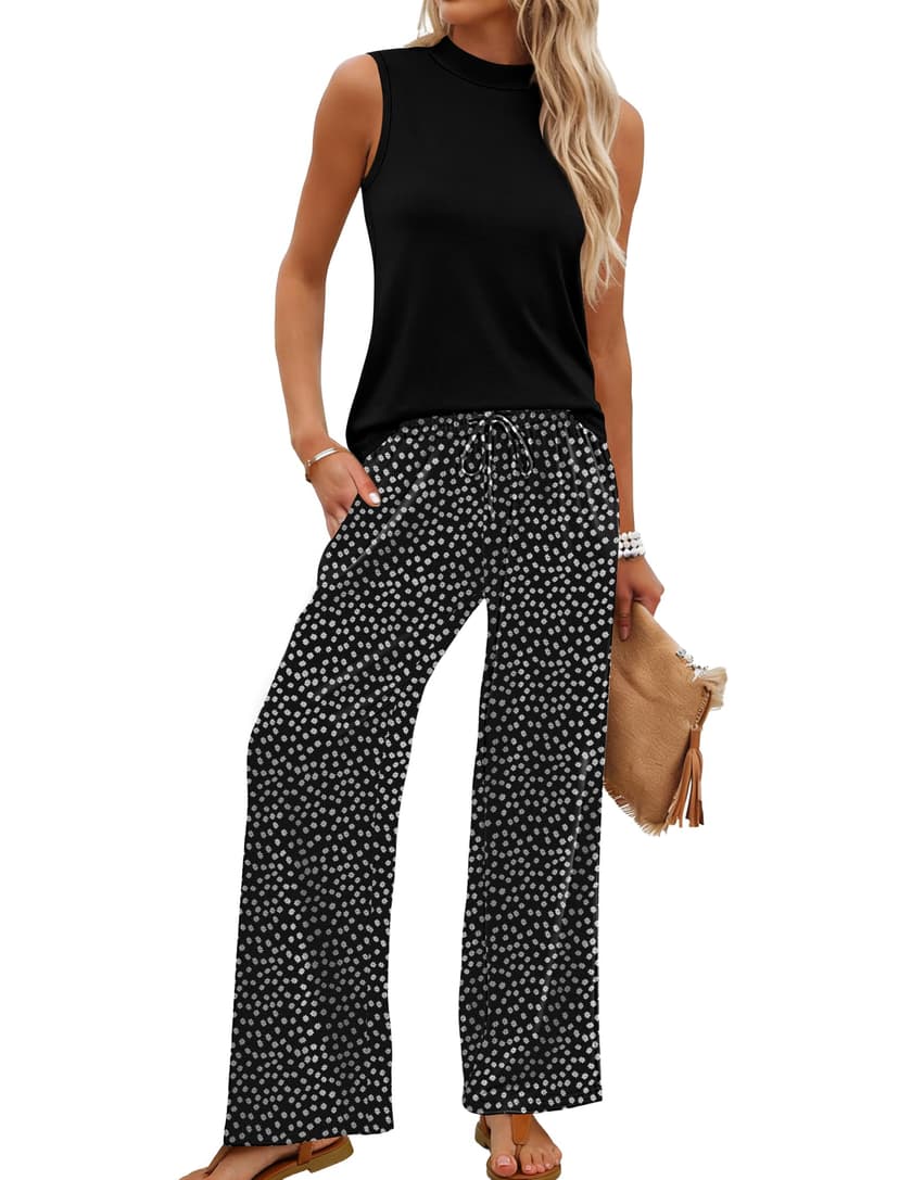 WIHOLL Two Piece Set for Women Summer Spring Outfits Cruise Travel Airport Beach Vacation Mock Neck Wide Leg Pants Set