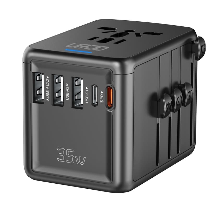 URJD Universal Travel Adapter, 35W PD Fast Charging, 5 USB C/A Ports | 2500W AC Outlet, International Power Adapter for Europe UK US AU 200+ Countries, PD Fast Charger for iPhone, MacBook,Tablet