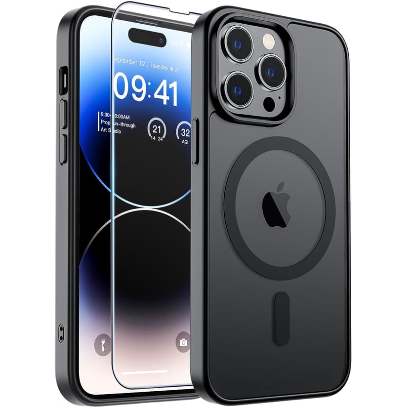 SUPFINE Magnetic for iPhone 14 Pro Max Case Black | With Screen Protector, Translucent Matte, Compatible with MagSafe, Military Grade Drop Proof, Rugged Shockproof Protective