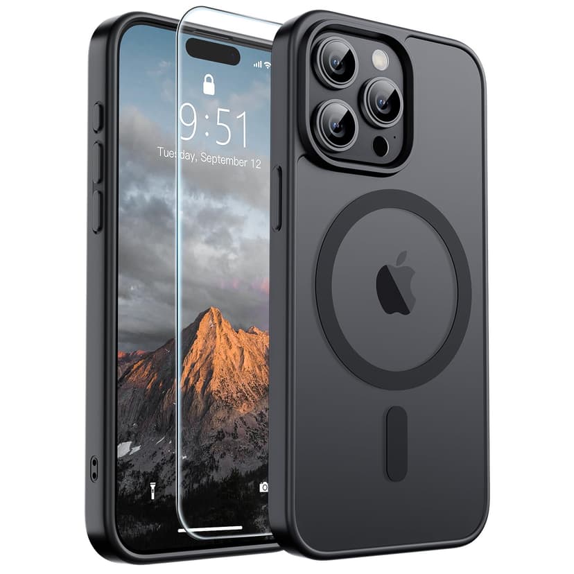SUPFINE Magnetic for iPhone 15 Pro Case with Screen Protector (Compatible with MagSafe)(Military Grade Drop Protection) Translucent Matte Phone Cover,Black