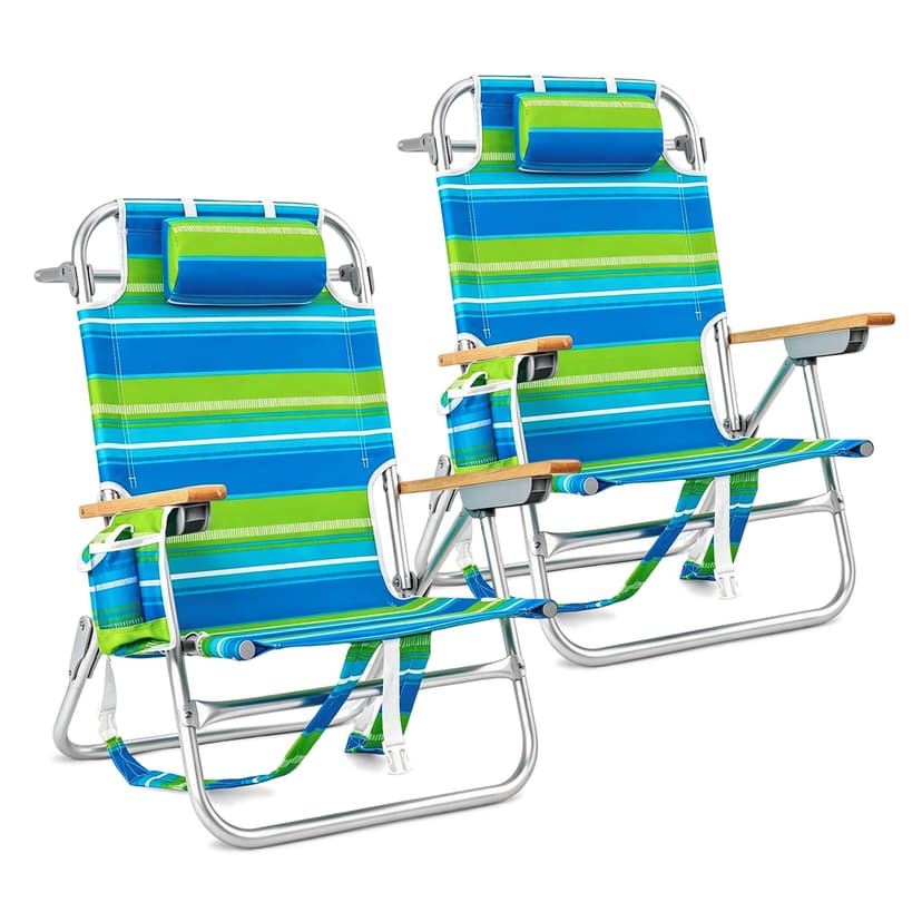 2 Pack Backpack Beach Chair for Adults Capacity 300 LBS Low 5 Position | with Pouch Straps Folding Lightweight Reclining Aluminum Wide Lay Flat Single