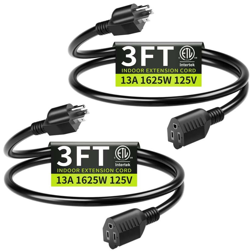 Seeklyze 16/3 Black Extension Cord 3FT 2Pack Indoor, Short Extension Cord | Short Extension Cord 3FT 2Pc for Laptops, Coffee Makers, 3 Prong Small Resistant Cable Flexible, 13A 125V 1625W ETL Listed