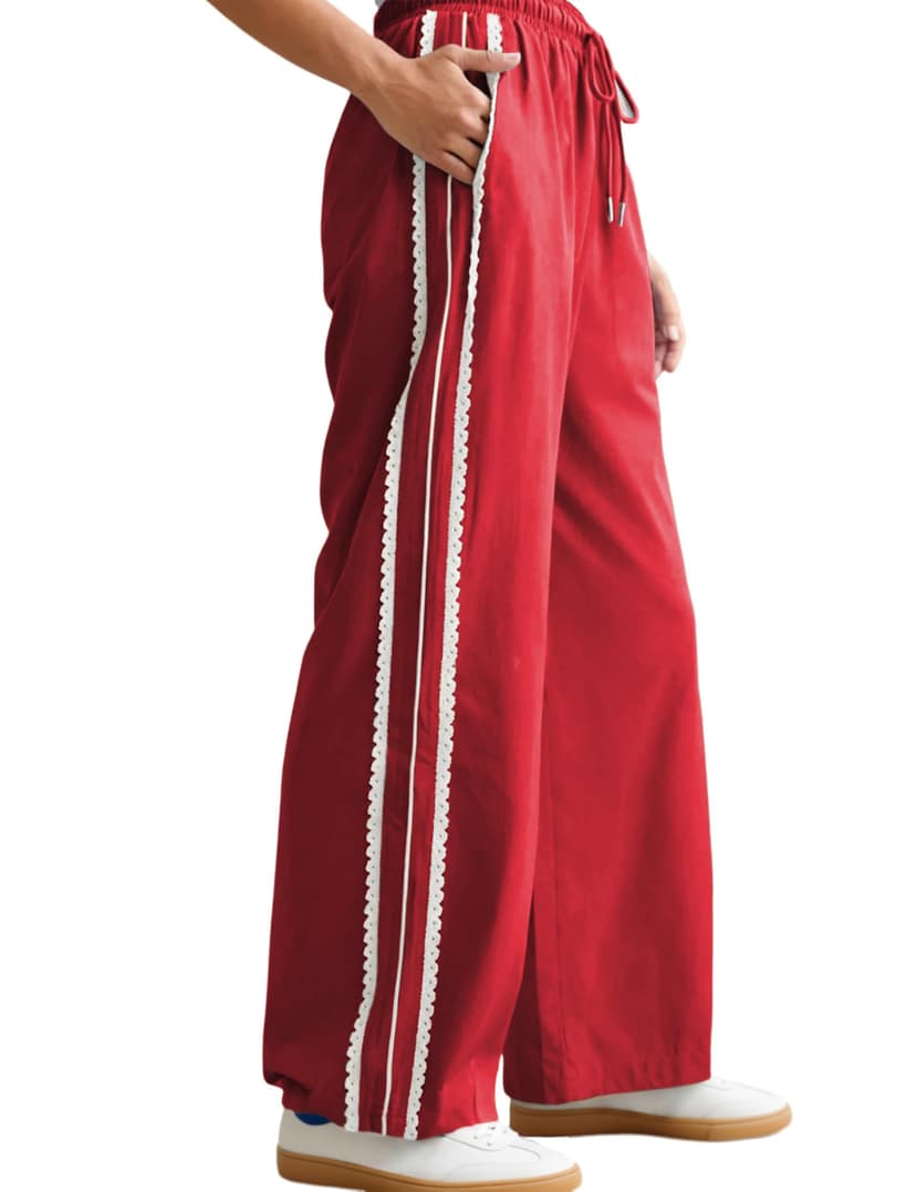 Yeokou Women's Wide Leg Sweatpants Side Stripe Crochet Slip on Drawstring Casual Running Track Palazzo Pants with Pockets