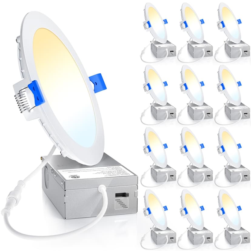 Ensenior 12 Pack 6 Inch LED Recessed Ceiling Light, 6CCT, 1200LM 12W 120V | 2700K-6000K Selectable, 5%-100% Dimming, Ultra-Thin Canless Wafer Downlight with Junction Box, Damp Rated, ETL&FCC&IC