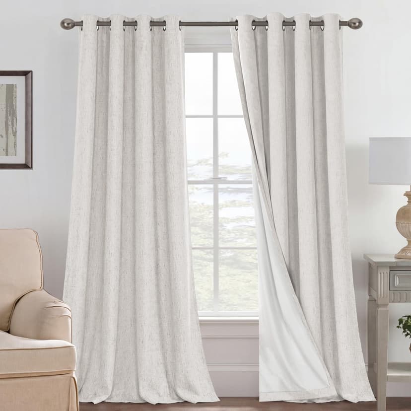 H.VERSAILTEX Blackout Curtains Linen Curtains 120 inches Long 100% Black Out Curtains for Bedroom Windows, Textured Linen Look Draperies Grommet with White Liner, 2 Panels, Ivory