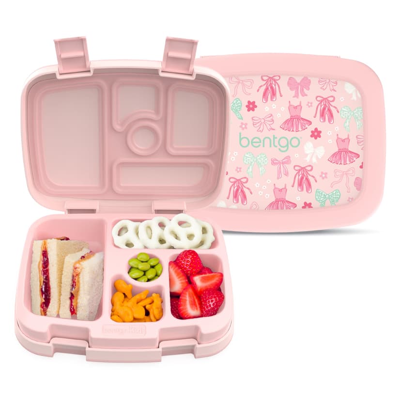Bentgo Kids Prints Leak-Proof 5-Compartment Bento-Style Kids Lunch Box | Ideal Portion Sizes for Ages 3-7, Durable, Drop-Proof, Dishwasher Safe, PFAS & BPA-Free Materials (NEW Ballet & Bows)