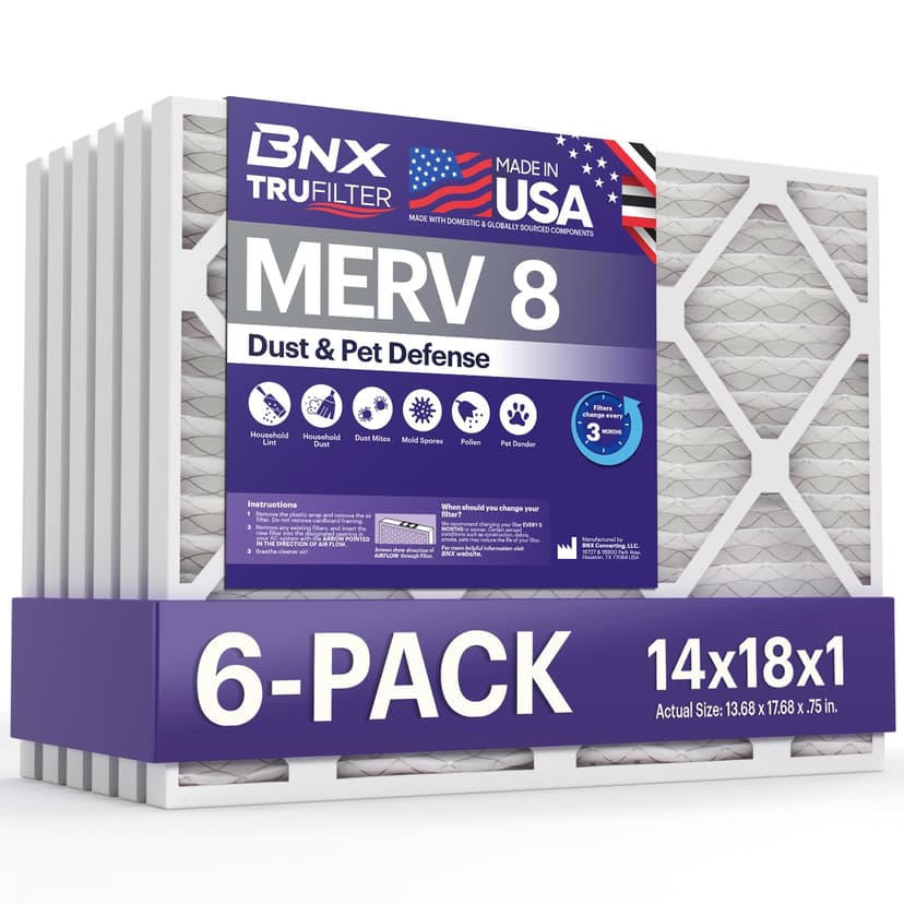 BNX TruFilter 14x18x1 Air Filter MERV 8 (6-Pack) - MADE IN USA – Dust & Pet Defense Electrostatic Pleated Air Conditioner HVAC AC Furnace Filters for Dust, Pet, Mold, Pollen MPR 600 – 700 & FPR 5