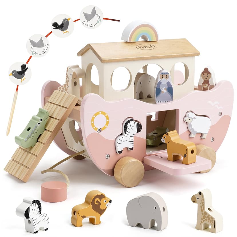 Joyreal Pink Wooden Noah's Ark Toy for 1 Year Old Baby Girl Baptism Gift - Montessori Educational Toy with Animal Shape Sorter - Christian Toys for Toddler Boy 1-3 Years Old Christmas Birthday Gift