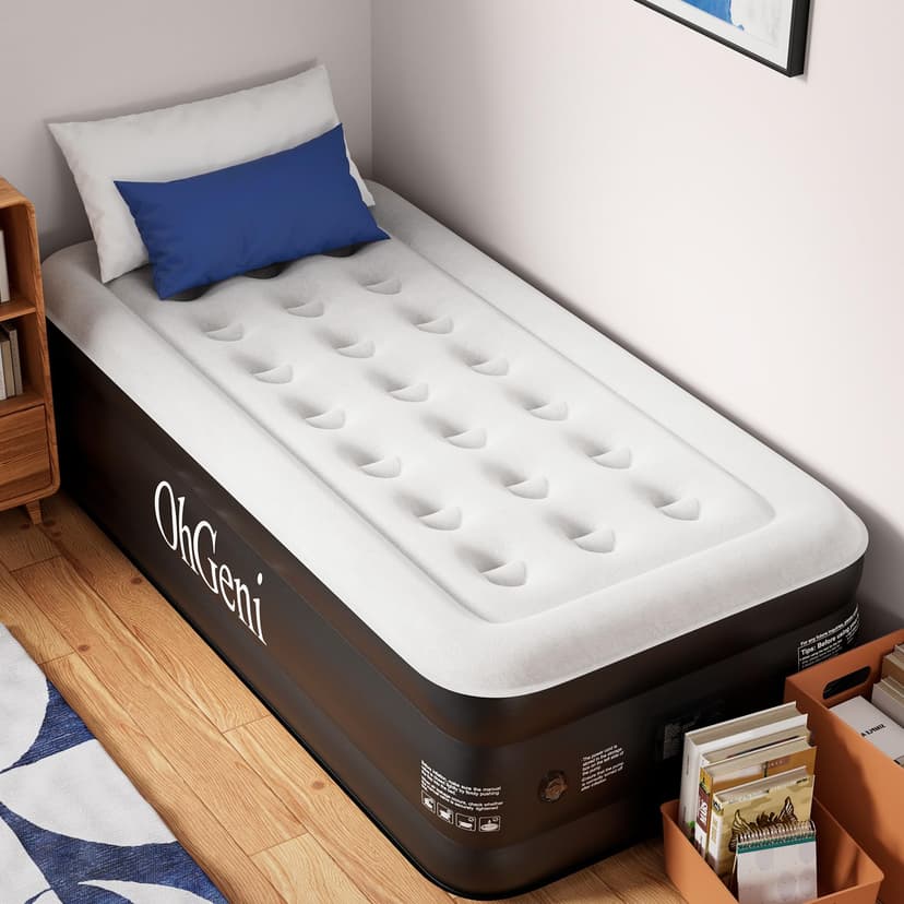 OhGeni Twin Air Mattress with Built in Pump, 18" Raised Blow Up Bed, 500lb | Inflatable Mattress, 2 Mins Inflation, 40% Thicker PVC, Carry Bag, Advanced Coil-Beam Support, Portable Bed for Home & Dorm