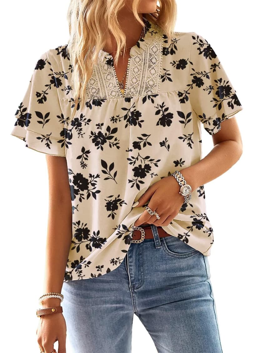 Falechay Womens Tops Boho Flowy Shirts Dressy Casual Short Sleeve Blouses | V Neck Loose Fit Blouses, Business Work, Hide Tummy, Lace Ladies Summer Outfits, Swiss Dot, Babydoll Crochet Trendy Clothes
