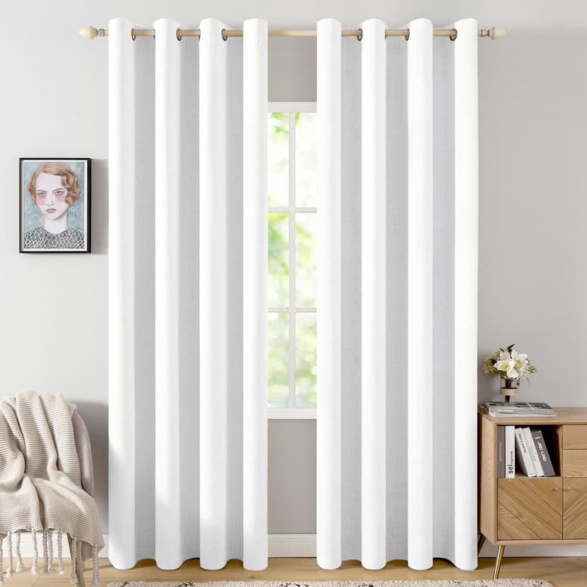 MIULEE 100% Blackout Linen Curtains for Bedroom 52x84 Inches Bright White | Room Darkening, Light Blocking, Thermal Insulated, Grommet Top, Linen Textured, Window Curtains for Living Room, 2 Panels