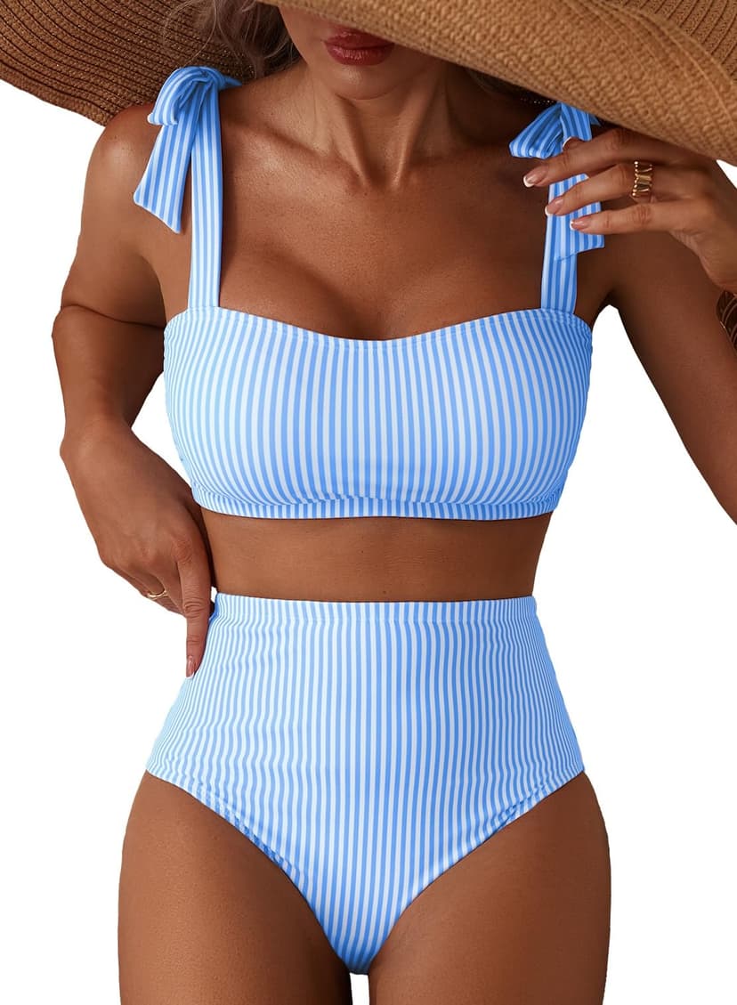 Herseas Women's Tie Shoulder Bikini Sets 2 Piece Striped Swimsuits High Waisted Bathing Suits