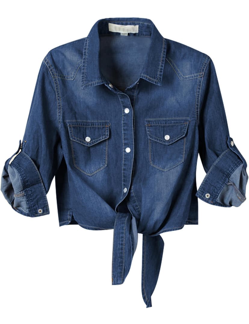 Omoone Women's 3/4 Sleeve Modern Denim Crop Top Tie Knot Shirt Chambray Cardigan