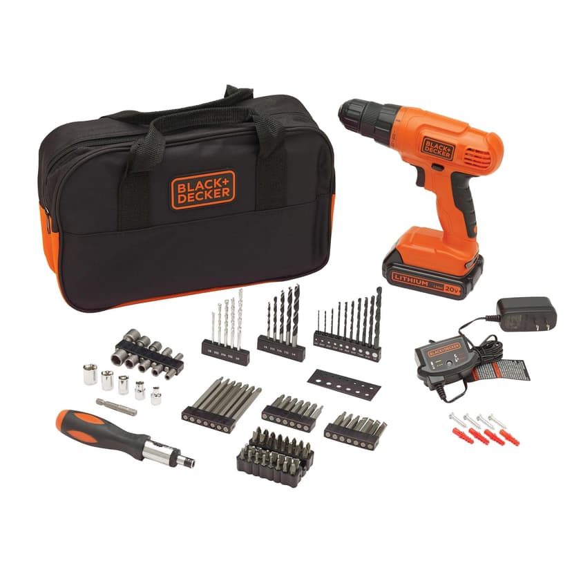 BLACK+DECKER 20V MAX* POWERCONNECT Cordless Drill Driver Kit with Drill Bit Set and Sockets, 100 pc. Tool Kit for Home, Battery and Charger Included, Orange (BDC120VA100)