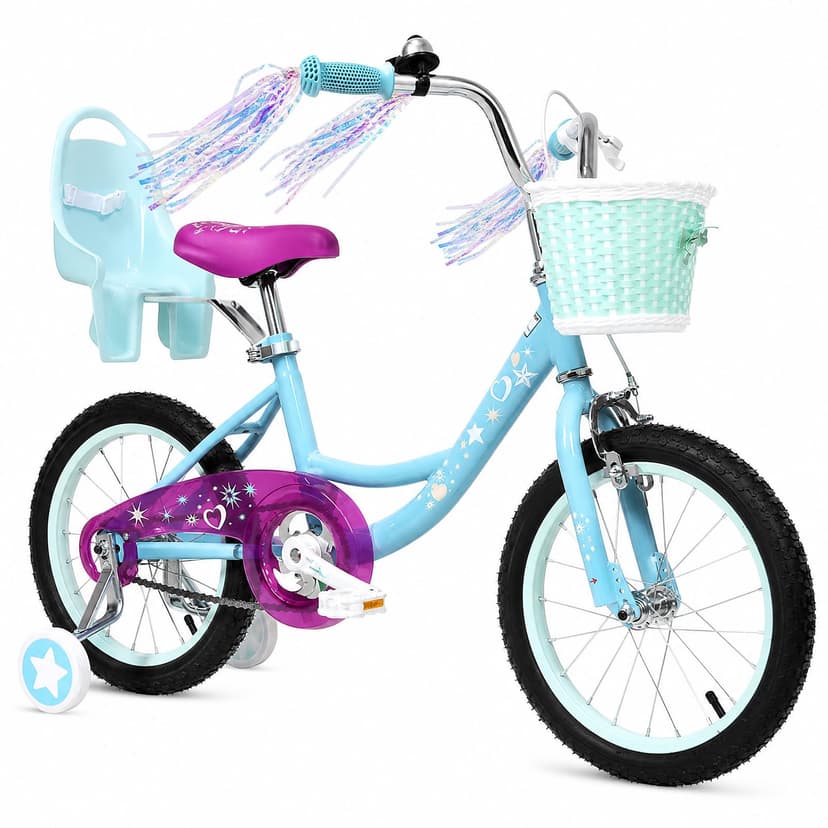 Yventix 14 16 Inch Kids Bike Girls Toddle Bicycle Ages 3-7 Training Wheels | High Carbon Steel Frame, Training Wheels, Basket, Doll Seat, Hand & Coaster Brakes, Chain Guard, Adjustable Seat & Handleba